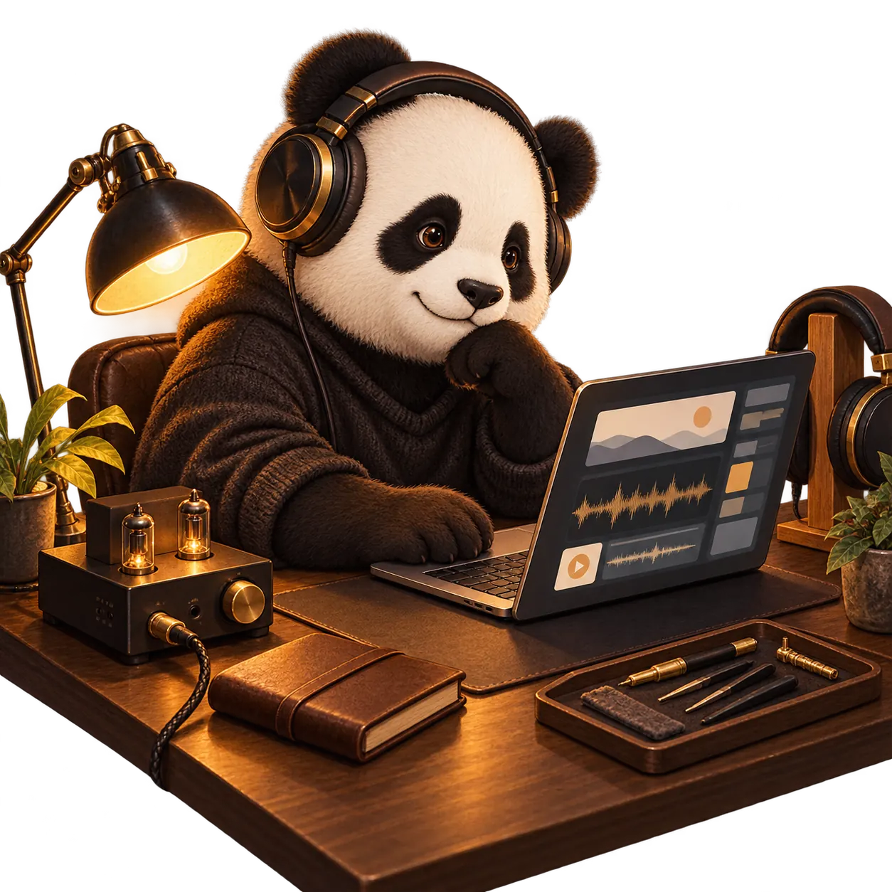 A panda in headphones working at a desk